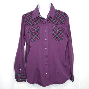 Womens Western Pearl Snap Top M Purple Plaid Cowgirl Rancher Rodeo